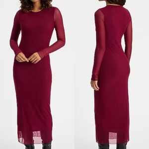 NWT Express Mesh Burgundy Crew Neck Long Sleeve Midi Dress Size S